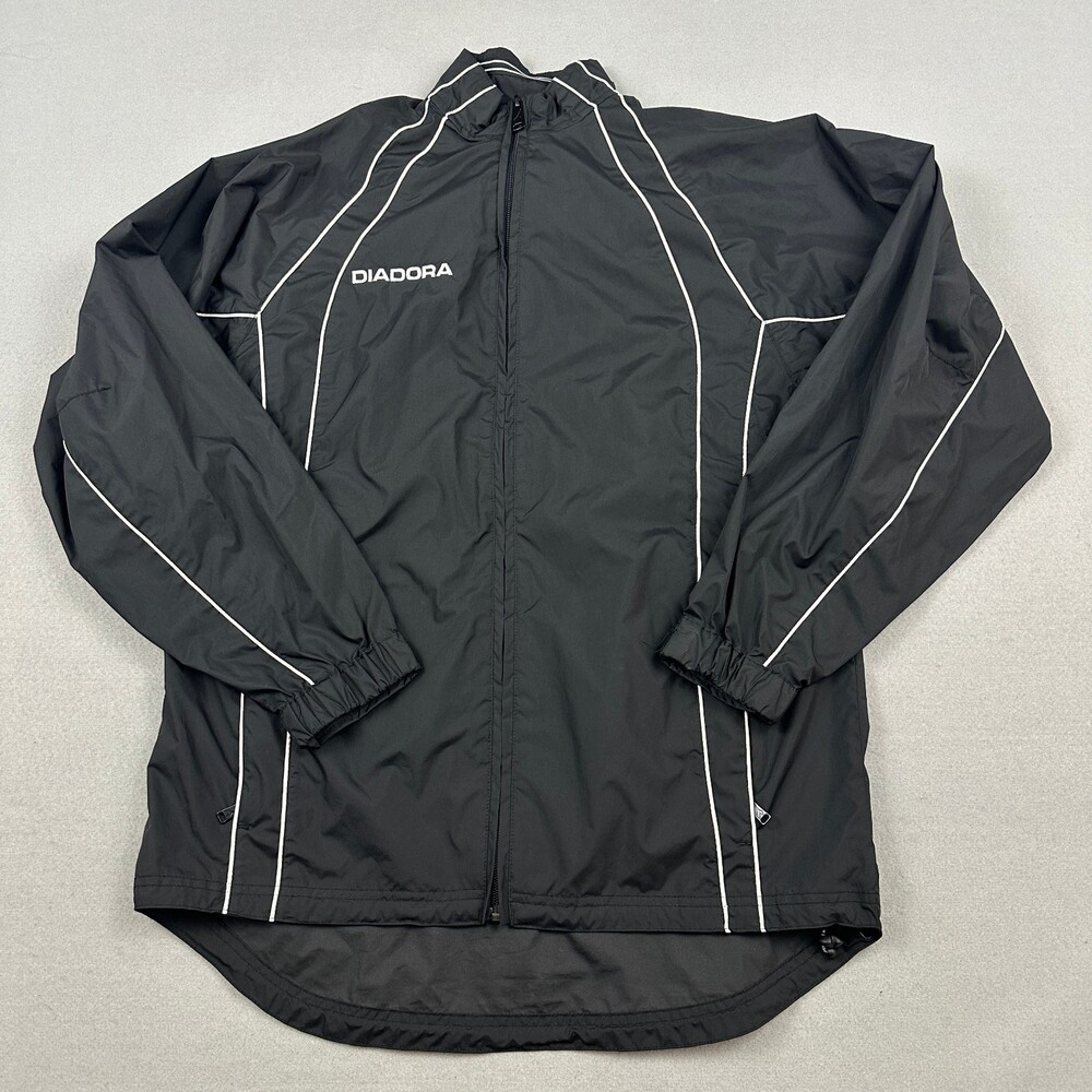 Diadora Jacket Boys Large Black Full Zip Windbreaker Packable Hood Soccer YL